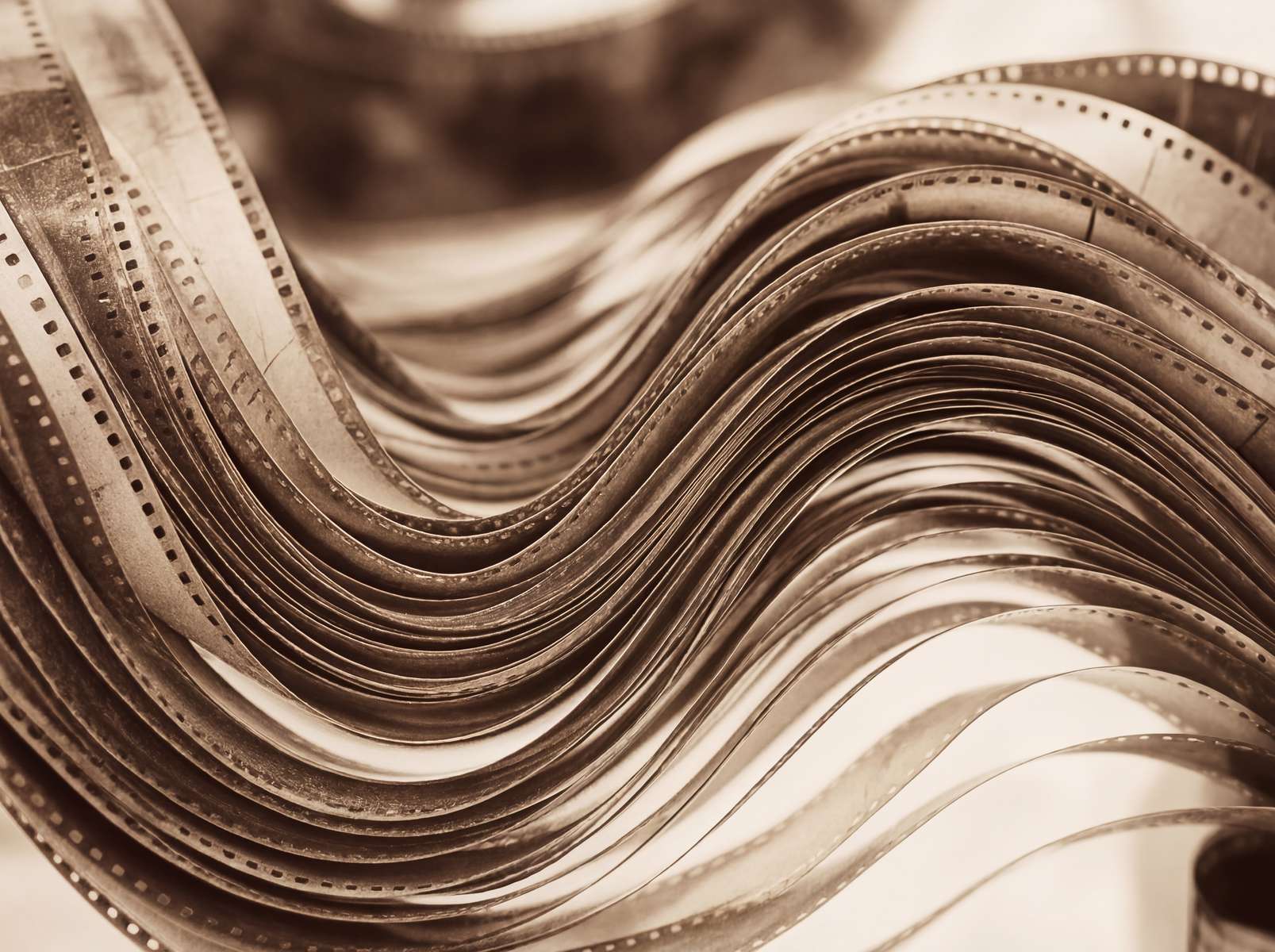 a background image showing waves of vintage style film tape in sepia and white