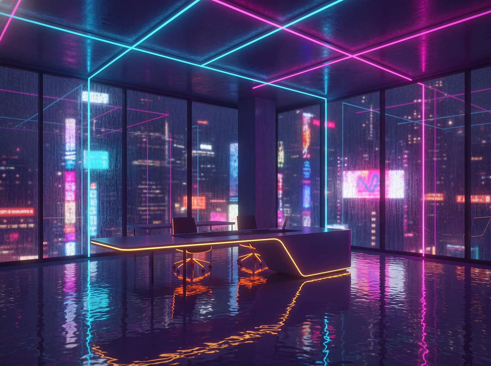 Neon futures - inside a futuristic office overlooking a wet city, no people