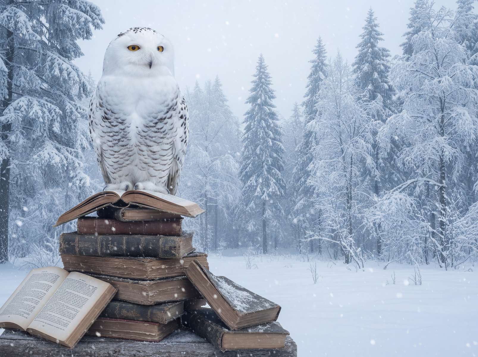 a snowy owl perched on a pile of old books with a wintery forest background