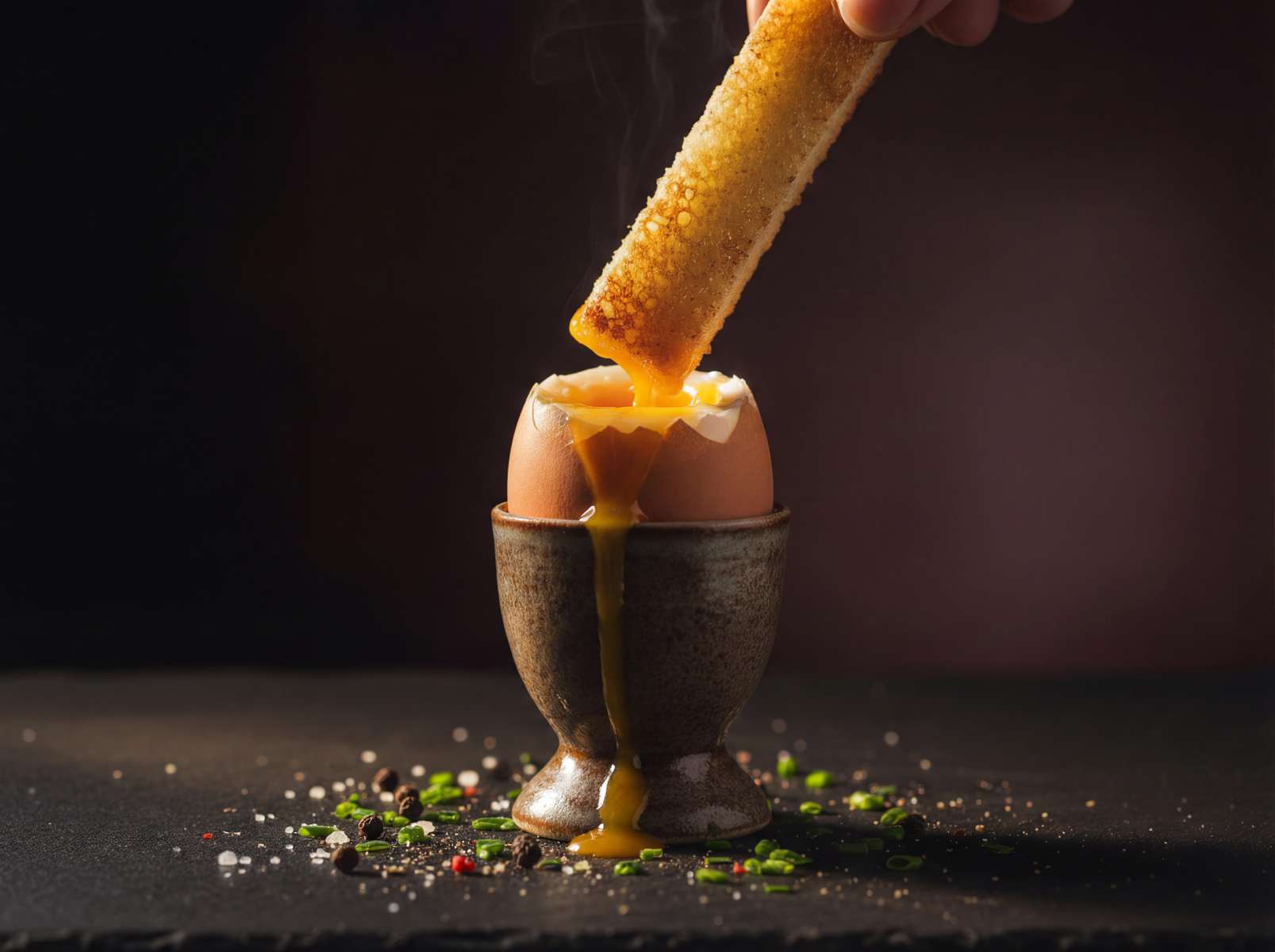 Hero cuisine - close up of a soft boiled egg with a slice of toast being dunked into it, soft focus burgundy coloured background